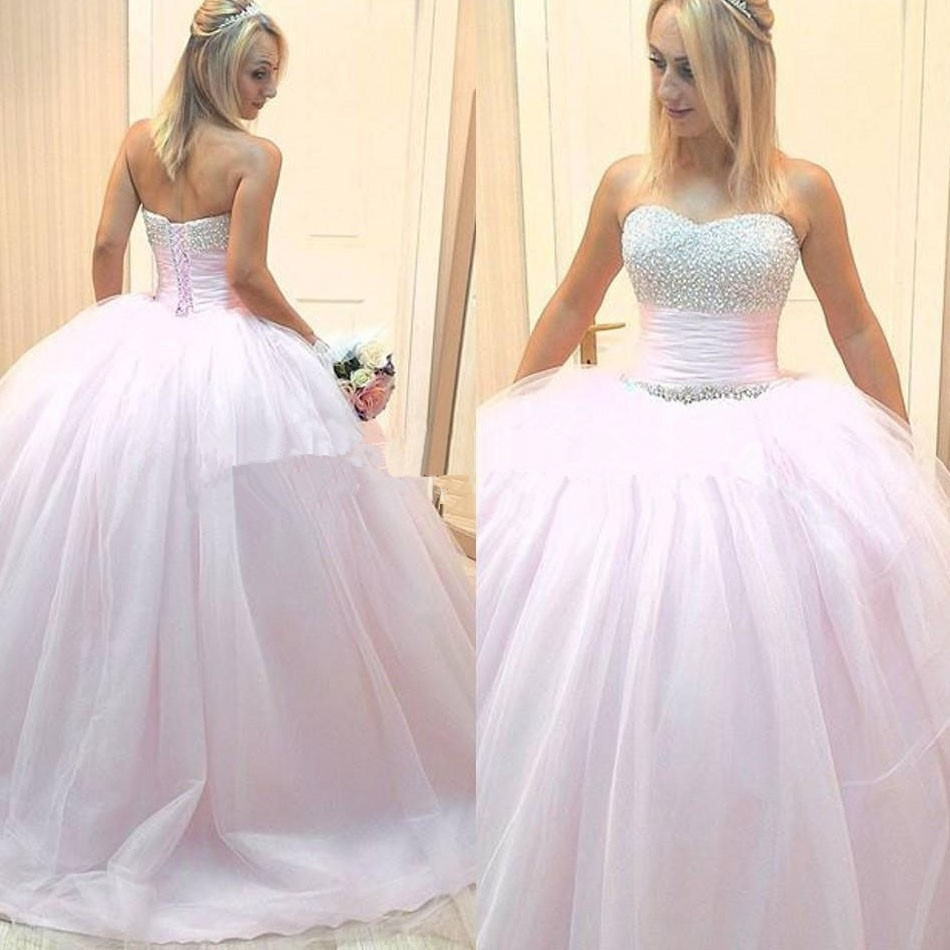 Light Pink Wedding Dresses
 2017 Princess Style Tulle Beads Ball Gown Floor Length