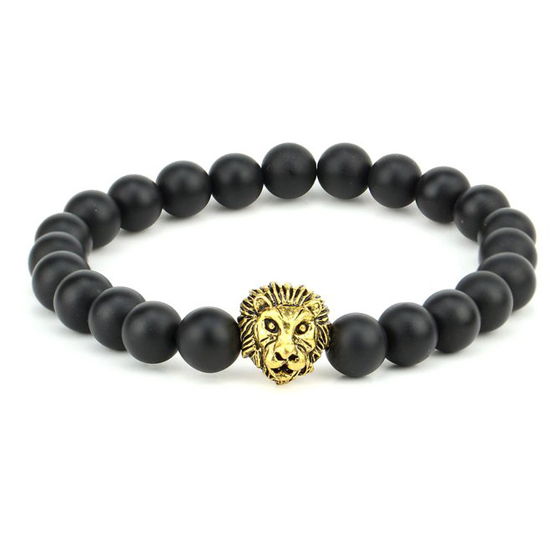 Lion Head Bracelet
 Black Matte Agate Stone & Golden Lion Head Bracelet Men s