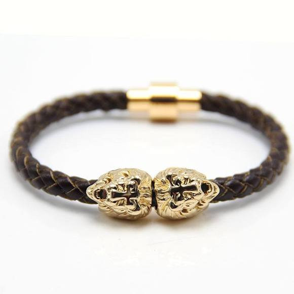Lion Head Bracelet
 Gold Twin Skull Genuine Leather Bracelet Ring to Perfection