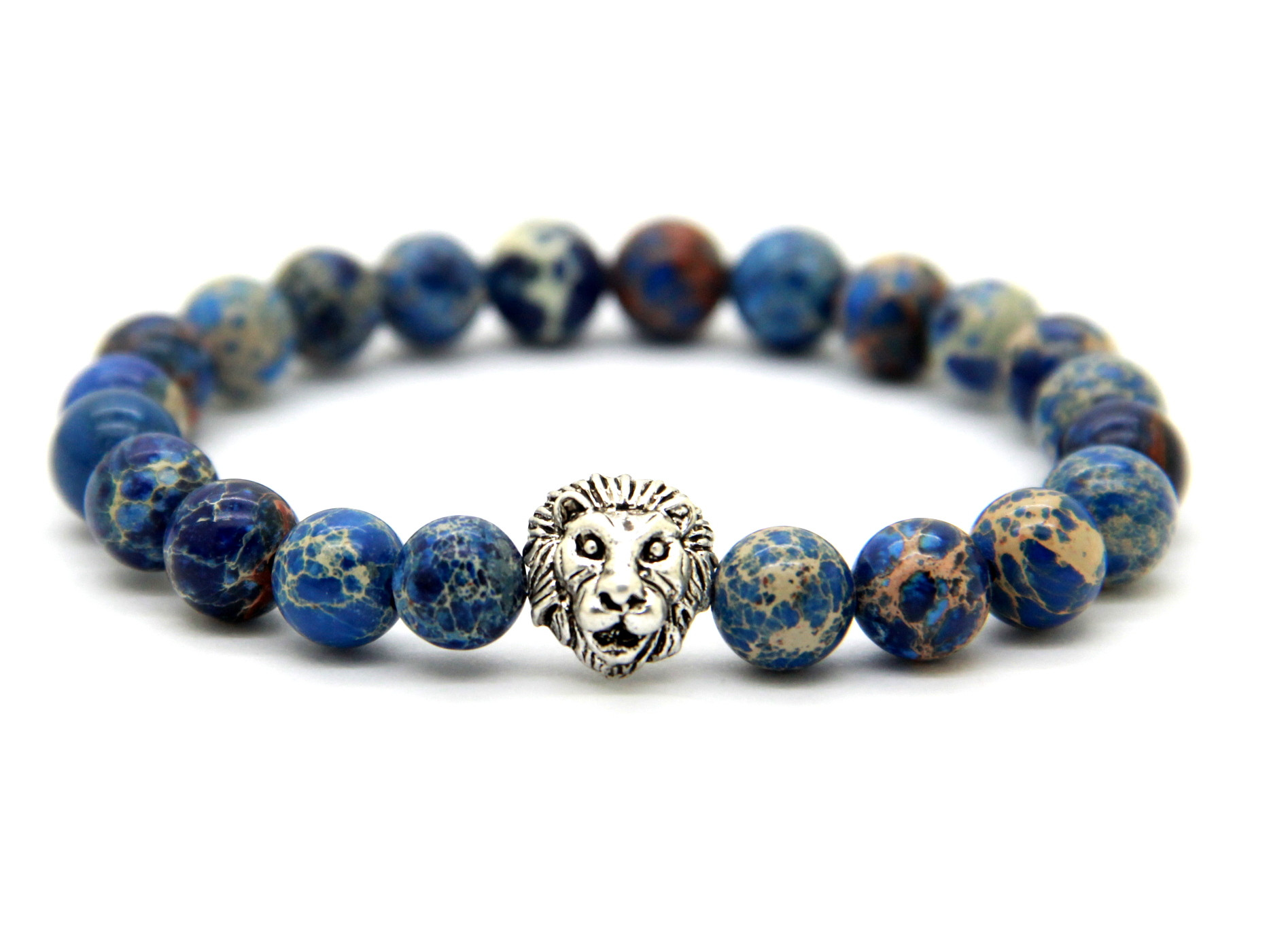 Lion Head Bracelet
 Wholesale 8mm Blue Sea Sediment Stone Beads Antique Silver
