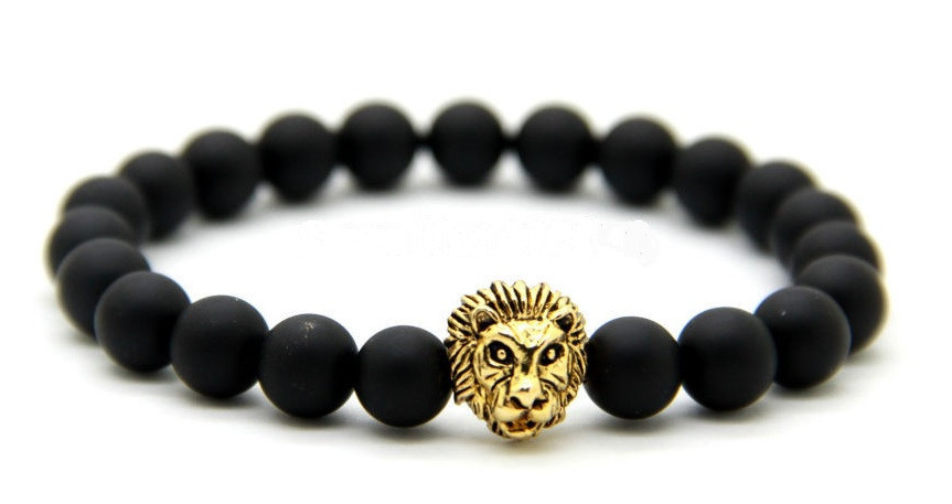 Lion Head Bracelet
 Matte Agate Stone Beads with Antique Gold Lion Head