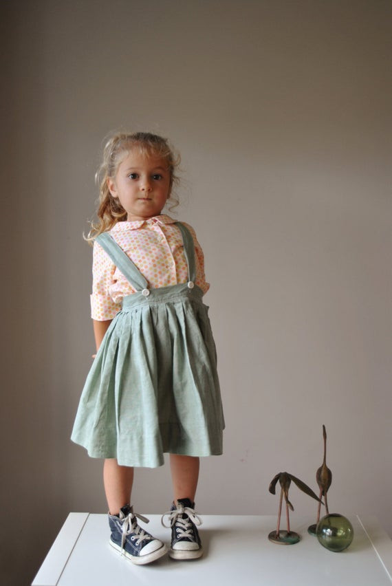 Little Kids Fashion
 1950s Moss Suspender Skirt size 3t 4t by salvagehouse on Etsy