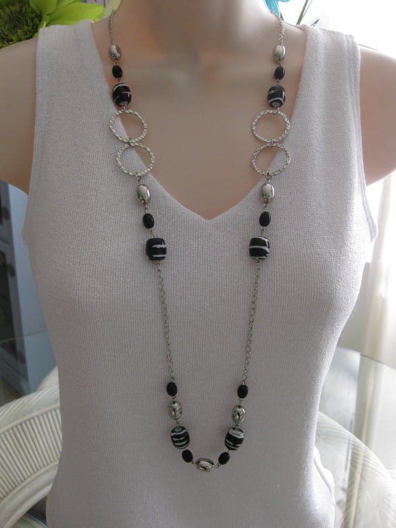 Long Silver Necklace
 Long Black and Silver Beaded Necklace Chunky Black Beaded