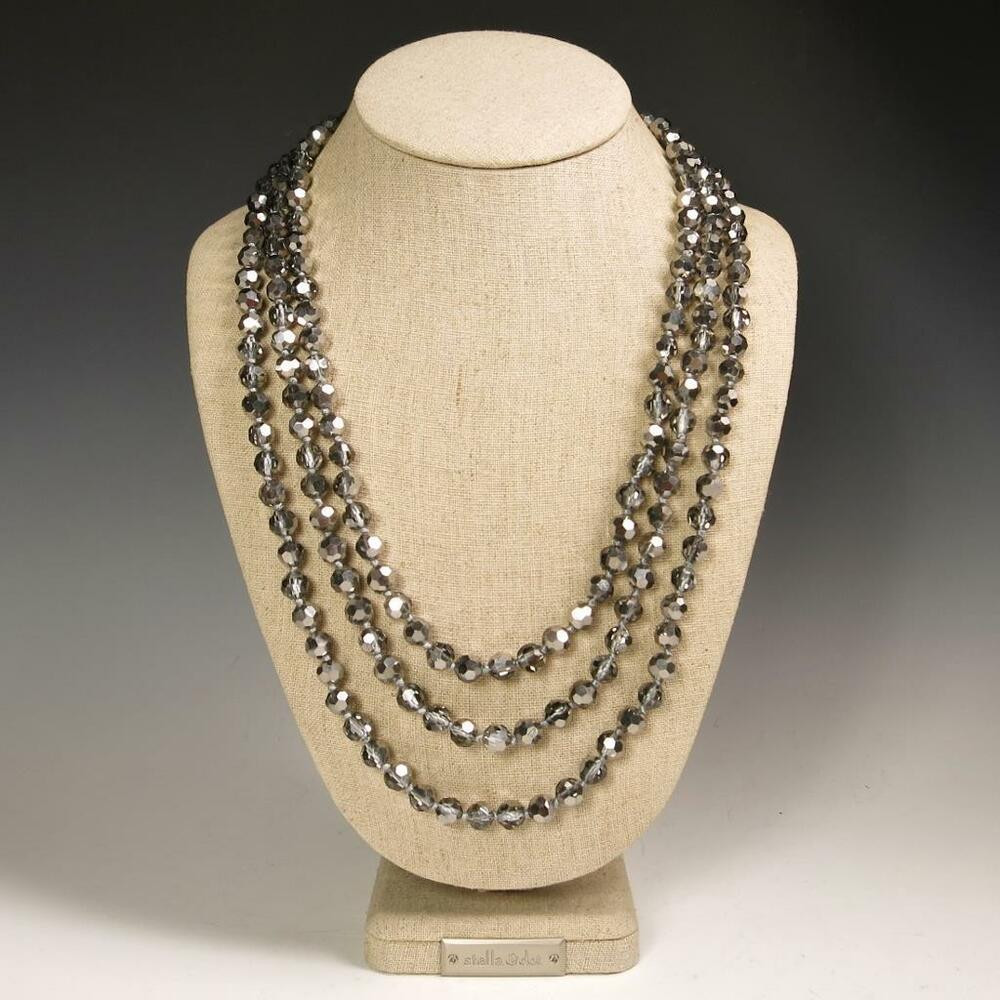 Long Silver Necklace
 72" Faceted Metallic Silver Crystals Beaded Extra Long