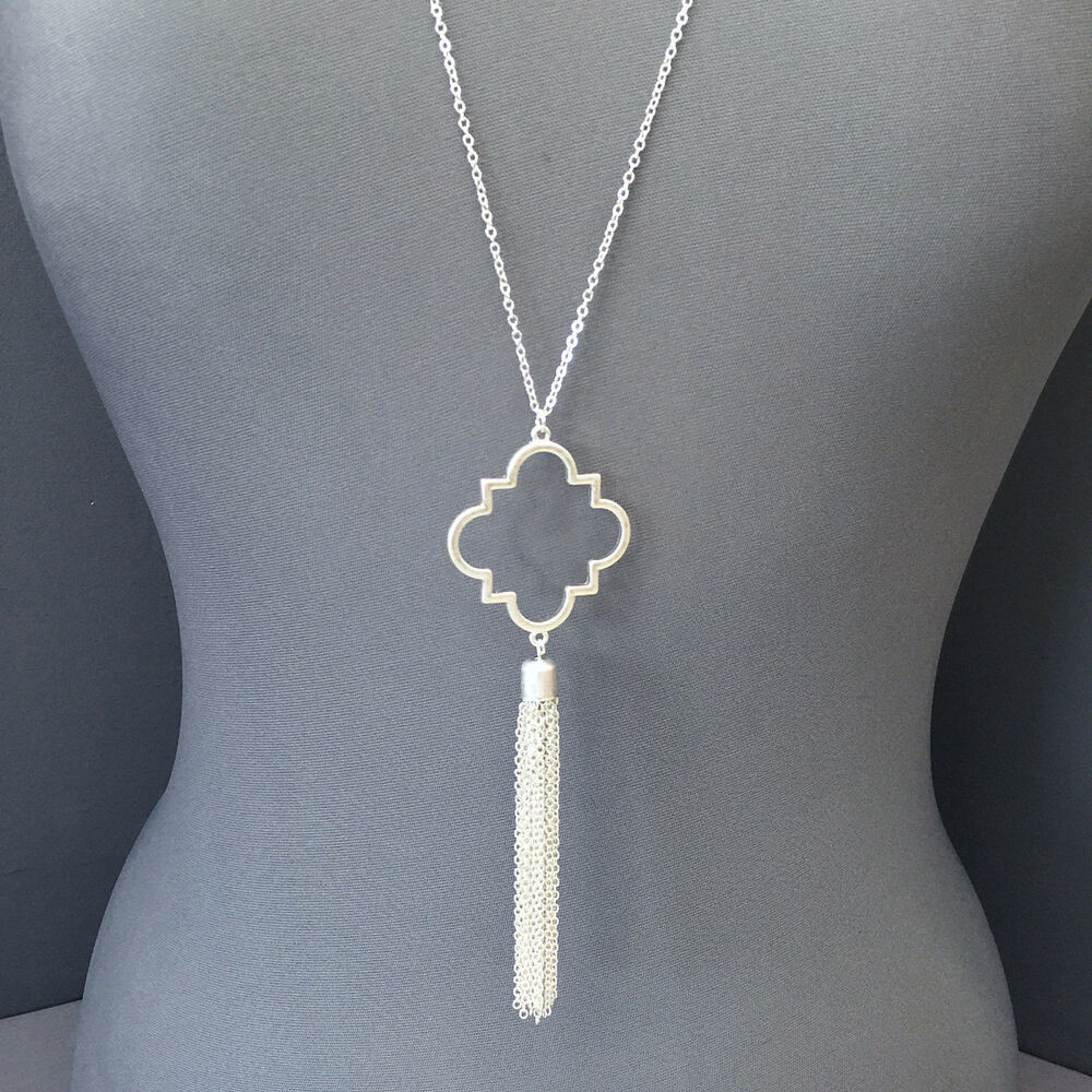 Long Silver Necklace
 Long Silver Chain Open Clover Designer Inspired Tassel