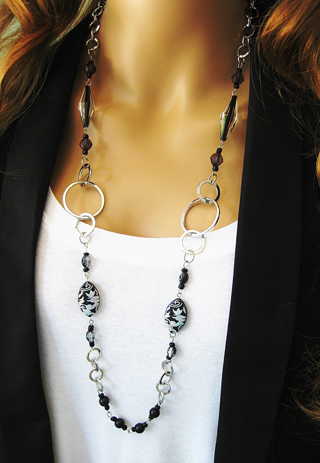 Long Silver Necklace
 Black Beaded Necklace Chunky Silver Chain Long Beaded