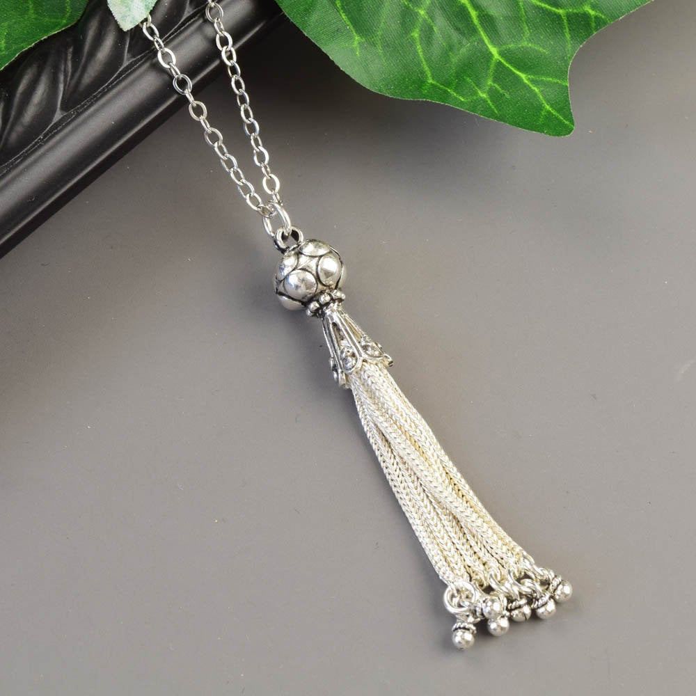 Long Silver Necklace
 Sterling Silver Tassel Necklace Long Layered Necklace