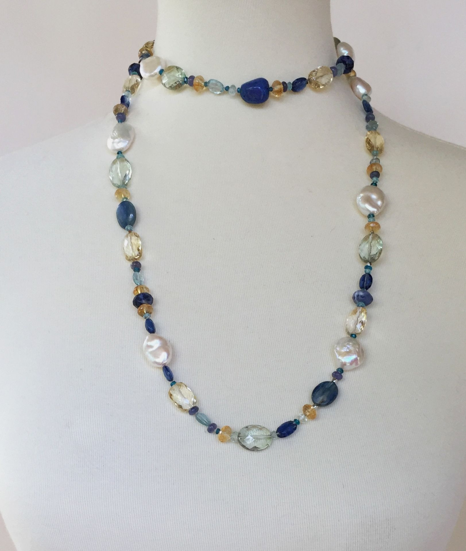 Long Stone Necklace
 Pearl and Blue Semi Precious Stone Long Necklace with