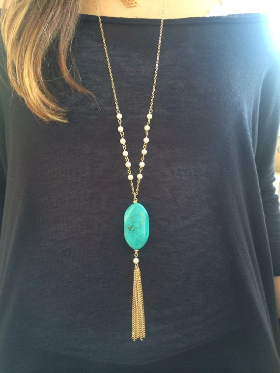 Long Stone Necklace
 Long Stone Tassel Necklace with Pearls