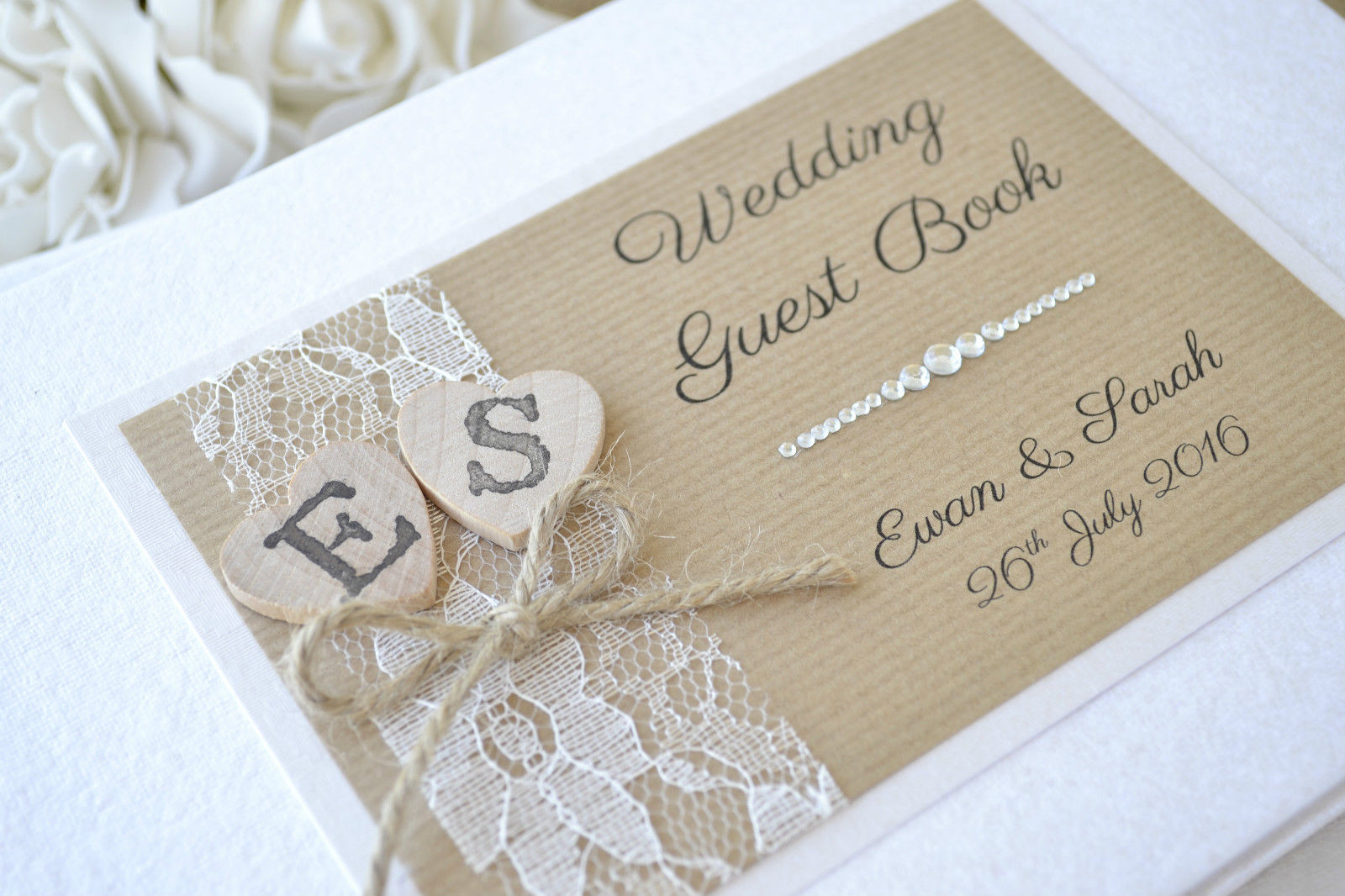 Luxury Wedding Guest Book
 Personalised Wedding Guest Book – Wooden Hearts & Lace
