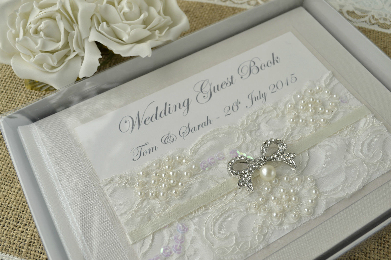 Luxury Wedding Guest Book
 Luxury Ivory Beaded Lace and Vintage Bow – Personalised