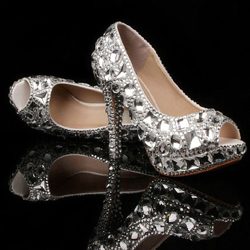 Luxury Wedding Shoes
 Luxury Bridal Shoes peep toe silver small crystals mix big