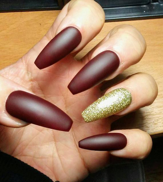 Maroon Nails With Glitter
 Long Matte Coffin Nails Burgundy Maroon & Gold Glitter Red