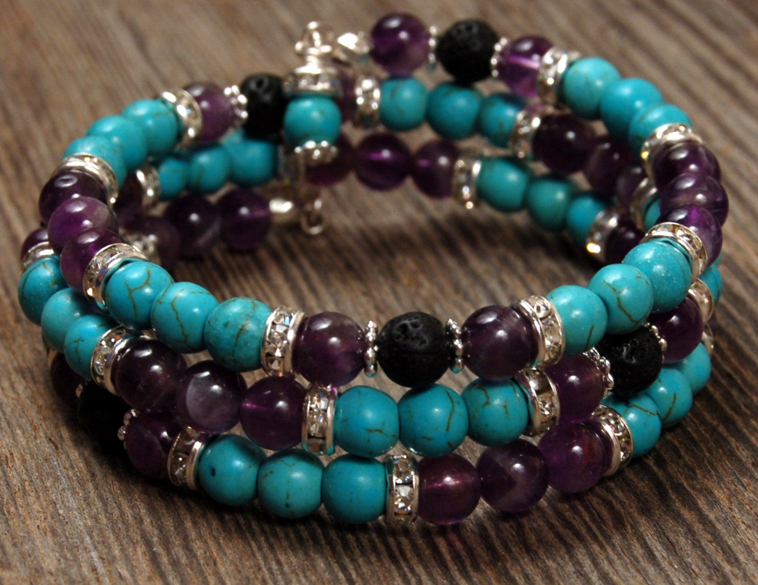 Memory Wire Bracelet
 Amethyst & Turquoise Memory Wire Bracelet with Lava Stone