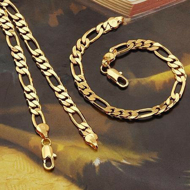 Mens Figaro Necklace
 Mens Womens 24k Gold Filled Necklace Bracelet Set Figaro