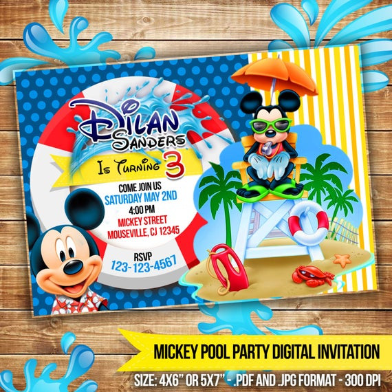 Mickey Mouse Pool Party Ideas
 Mickey Mouse Pool Party Digital Invitation Beach by CocoaParty
