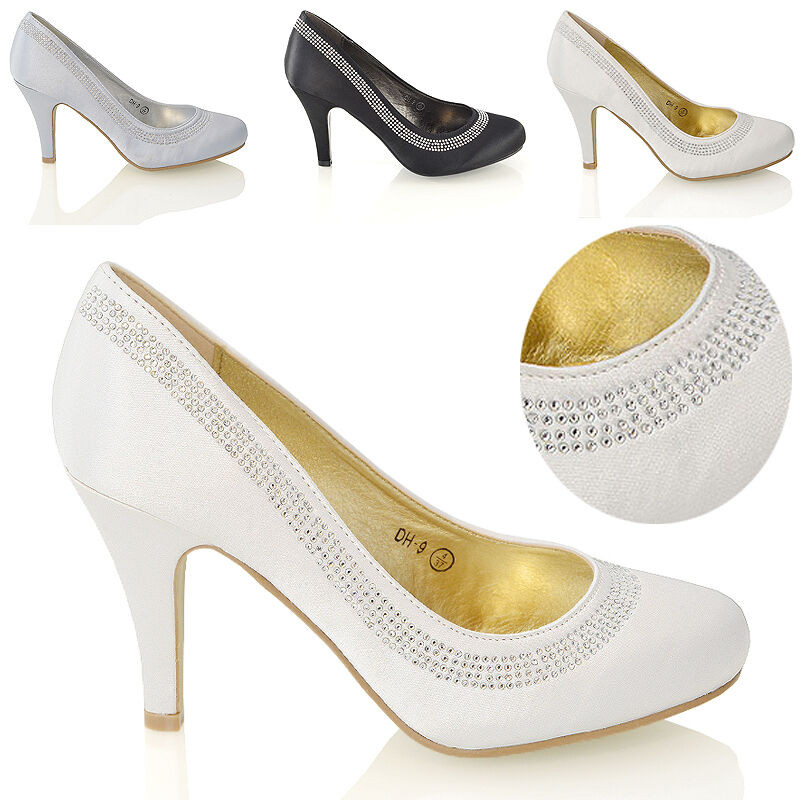 Mid Heel Wedding Shoes
 Womens Bridal Court Shoes Mid Low Heel Satin Diamante