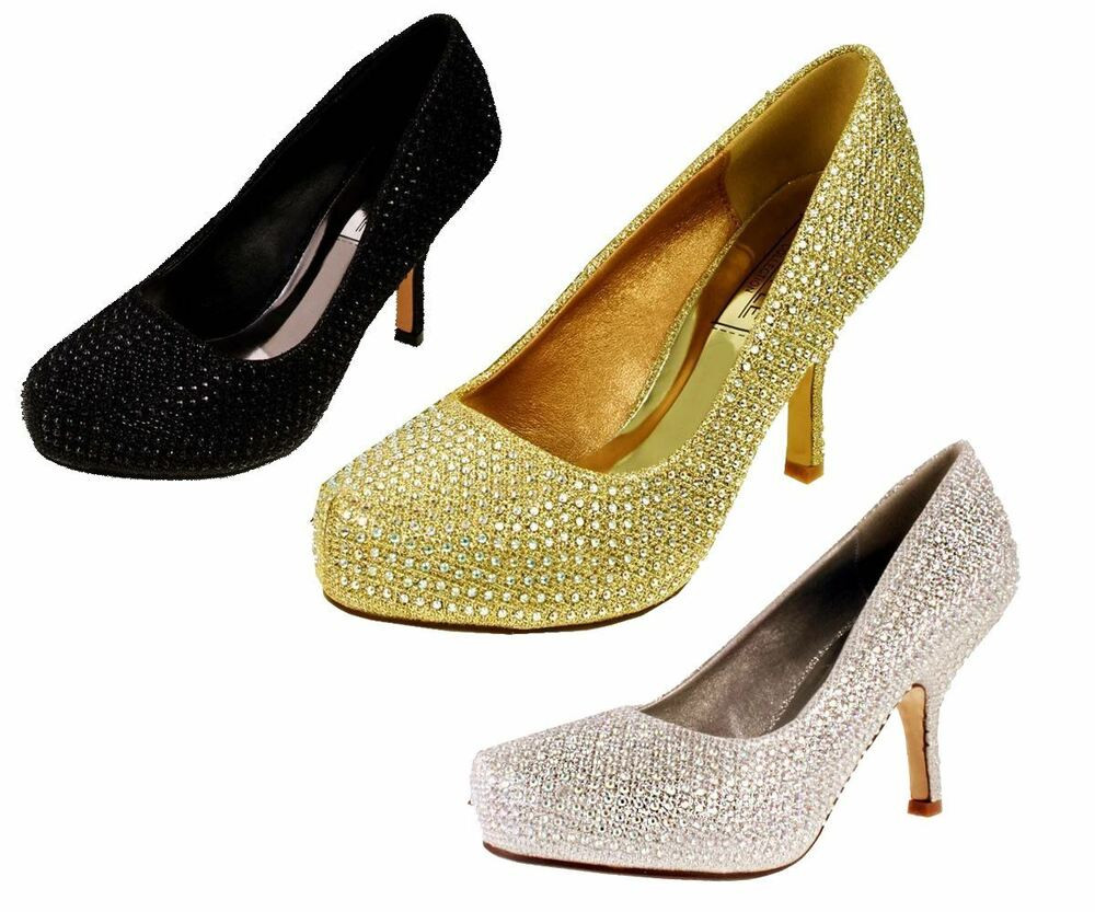 Mid Heel Wedding Shoes
 Womens La s Diamante Sparkly Kitten Mid Heel Bridal