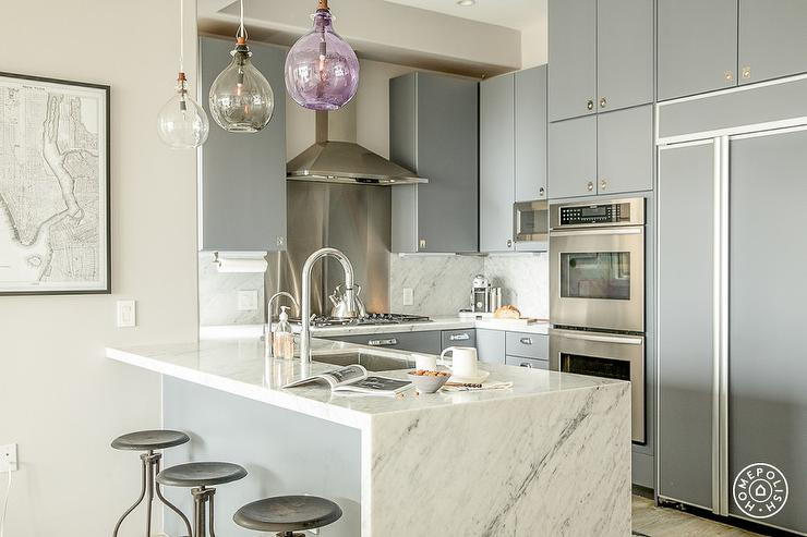 Modern Grey Kitchen Cabinets
 Gray Flat Front Kitchen Cabinets with White Marble