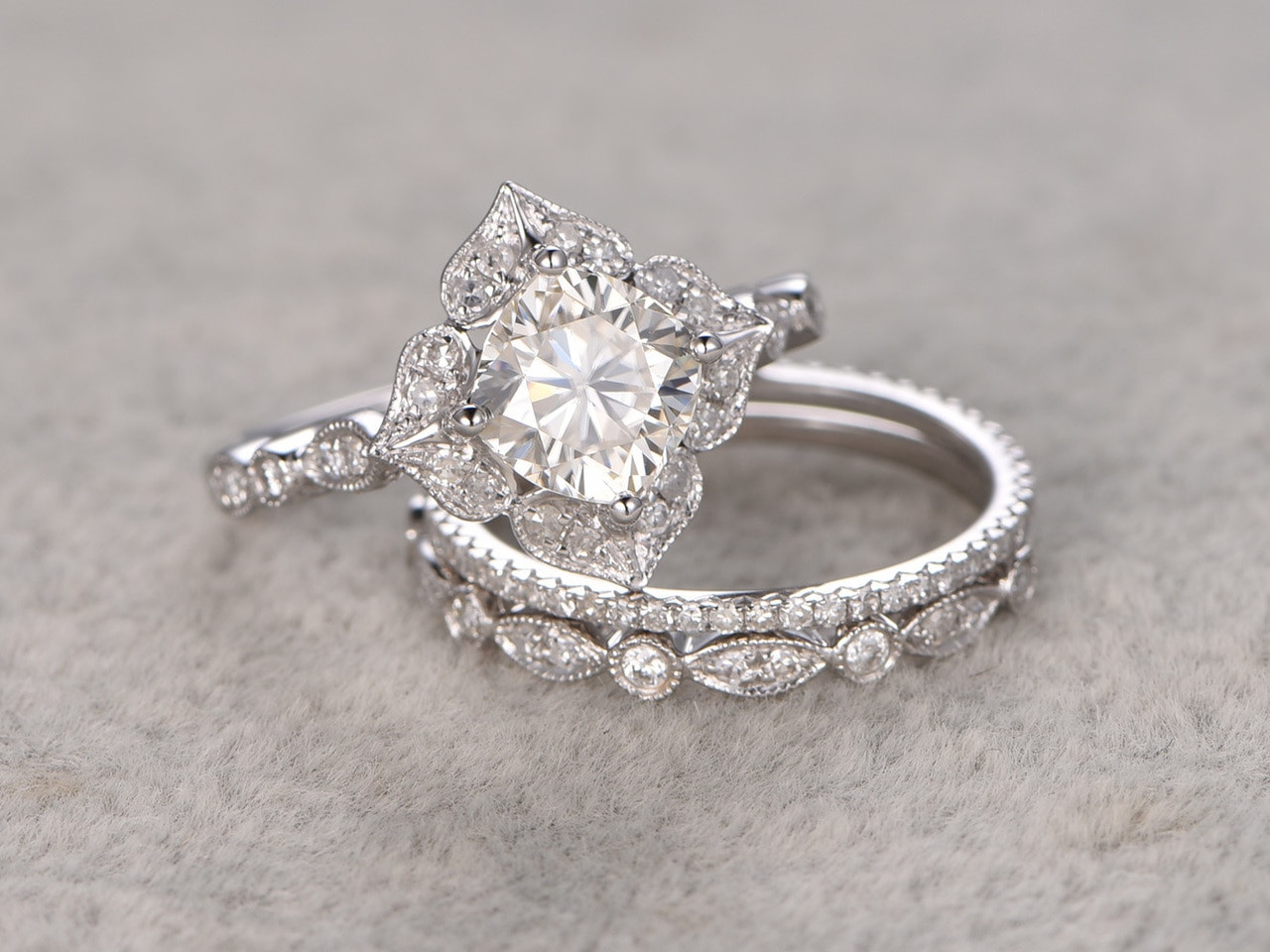 Moissanite Wedding Rings
 6mm Cushion Moissanite Wedding Set Diamond Bridal Ring 14k