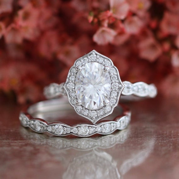 Moissanite Wedding Rings
 Forever e Moissanite Engagement Ring and Scalloped Diamond