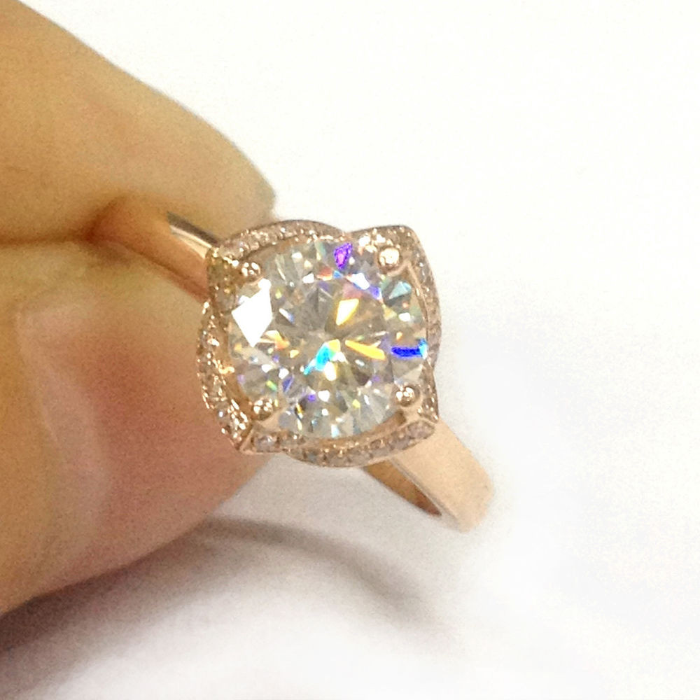 Moissanite Wedding Rings
 6 5mm Round Moissanite Pave Diamond Solid 14K Rose Gold