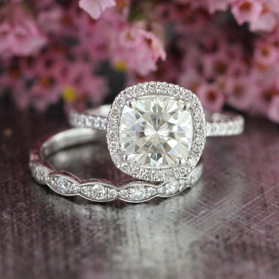 Moissanite Wedding Rings
 Cushion Moissanite Engagement Ring and Scalloped Diamond