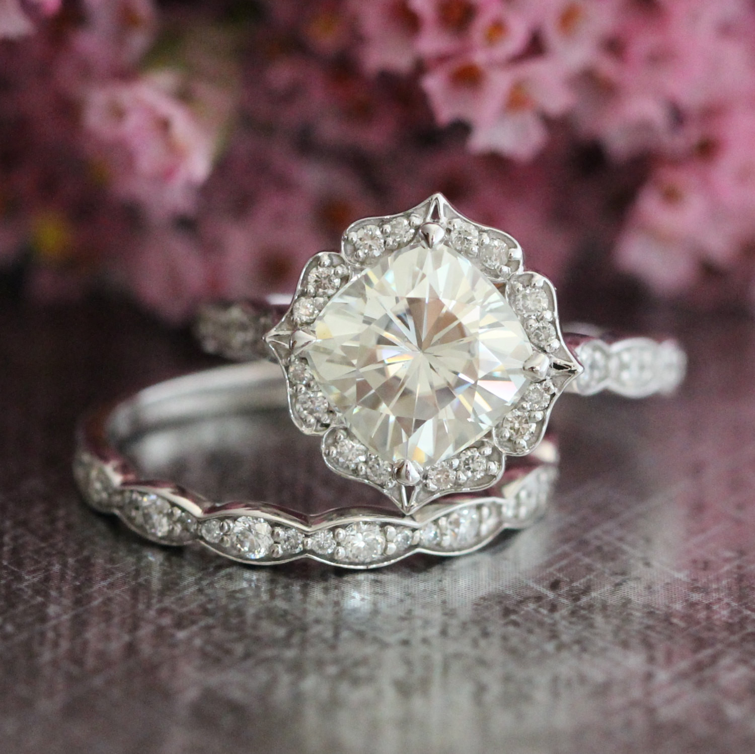 Moissanite Wedding Rings
 Wedding Set Vintage Floral Moissanite Engagement Ring and