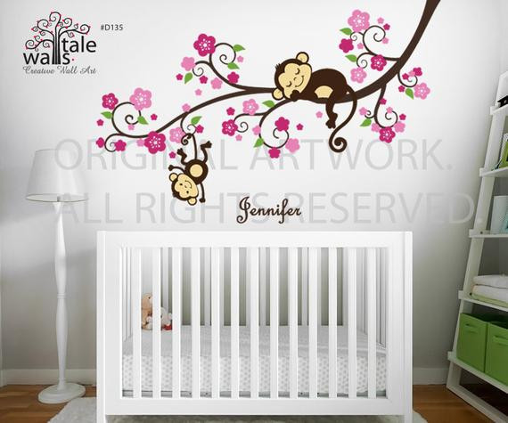 Monkey Baby Room Decor
 Girl Monkey Nursery Blossom tree branch wall decal with cute