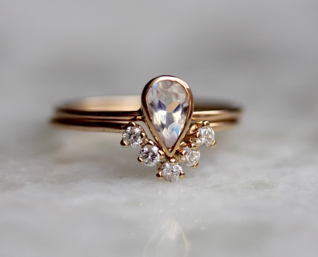 Moonstone Wedding Ring Sets
 14K Moonstone Pear Engagement Ring Set Bridal Set Diamond
