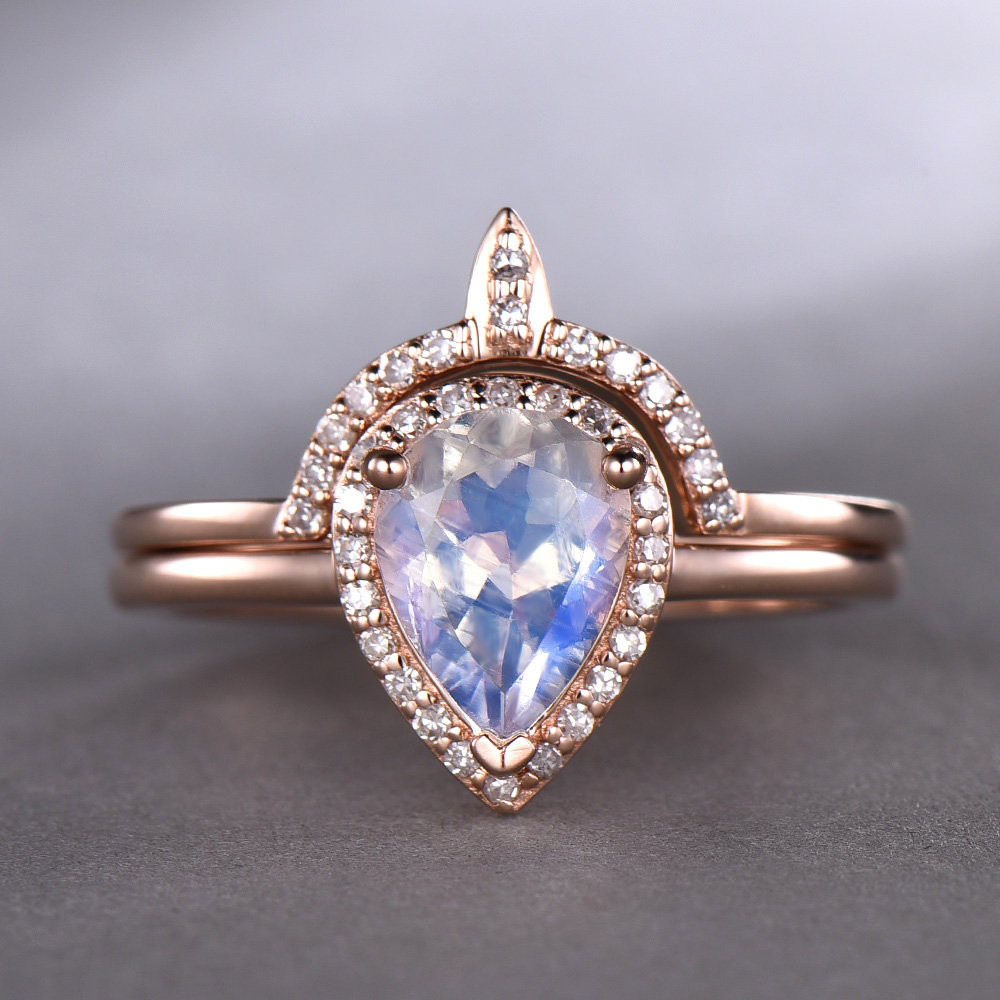 Moonstone Wedding Ring Sets
 Natural Moonstone Engagement Ring Set 14k Rose Gold 925