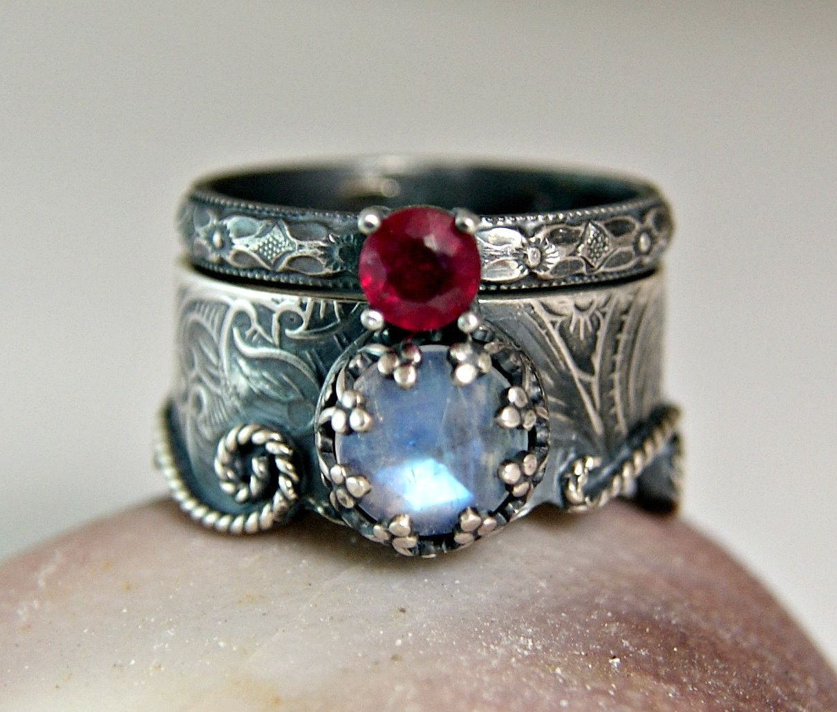 Moonstone Wedding Ring Sets
 Moonstone Mermaid Ring Sterling Silver Ruby Wedding Set