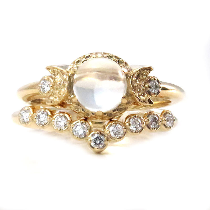 Moonstone Wedding Ring Sets
 Diamond and Moonstone Engagement Ring Set Moon Phase Wedding