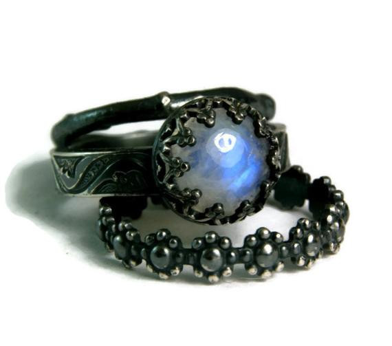 Moonstone Wedding Ring Sets
 Moonstone Bridal Set Black Engagement Ring by