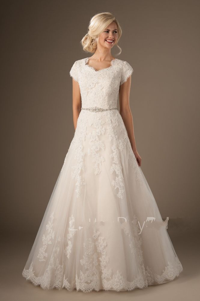 Mormon Wedding Dresses
 Modest Lace Short Sleeve Wedding Dress Garden Bridal Gown