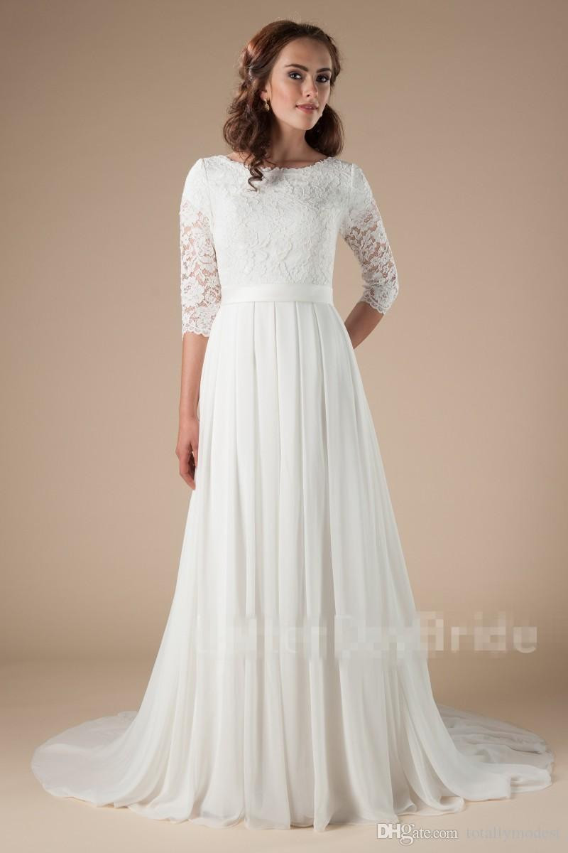 Mormon Wedding Dresses
 Discount 2018 New Lace Chiffon Long Modest Wedding Dresses