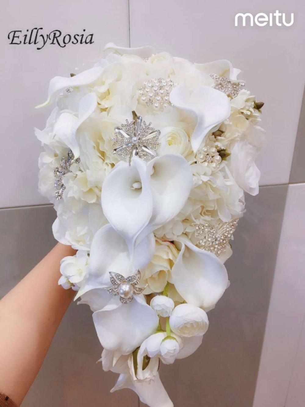Most Expensive Wedding Flowers
 White Lily Bridal Bouquet Waterfall Pearls Jewelry