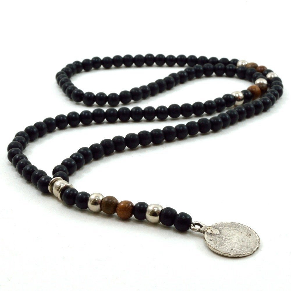 Necklaces For Men
 Mens black wooden beaded rosary necklace with silver metal