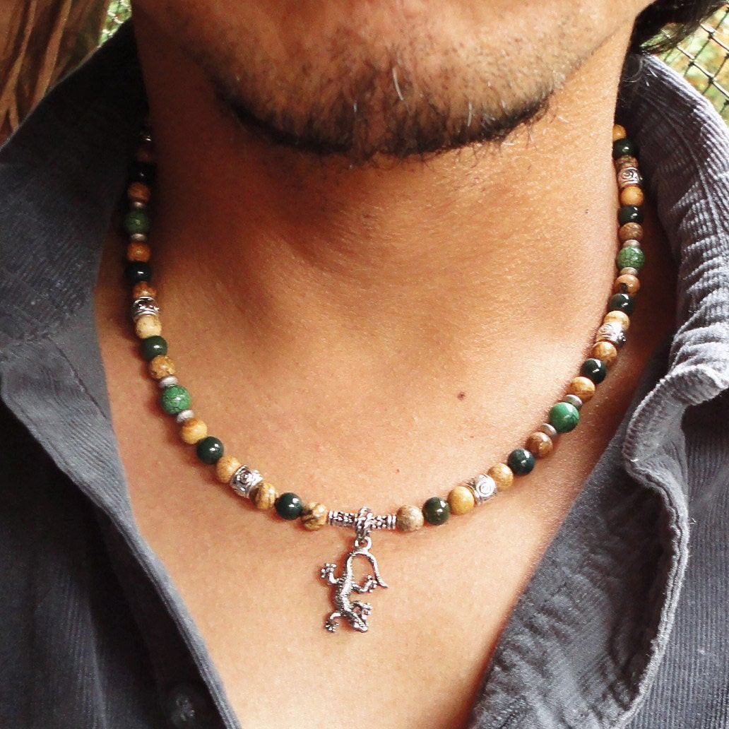 Necklaces For Men
 RESERVED ITEM Lucky Lizard Charm Mens Beaded Casual