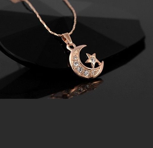 Necklaces With Charms
 18k Moon Star Arab Crystal CZ Women Allah Pendant Necklace