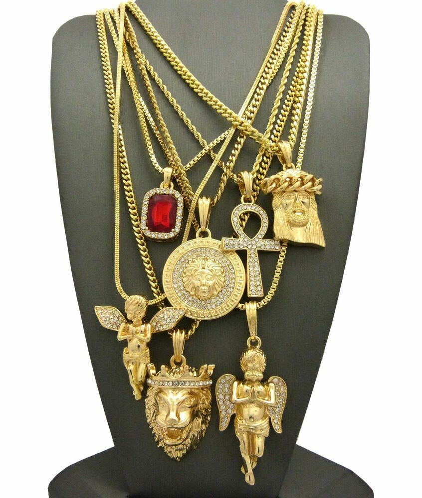 Necklaces With Charms
 Hip Hop Ruby 2 Angels Jesus Lion Medusa Ankh Pendant