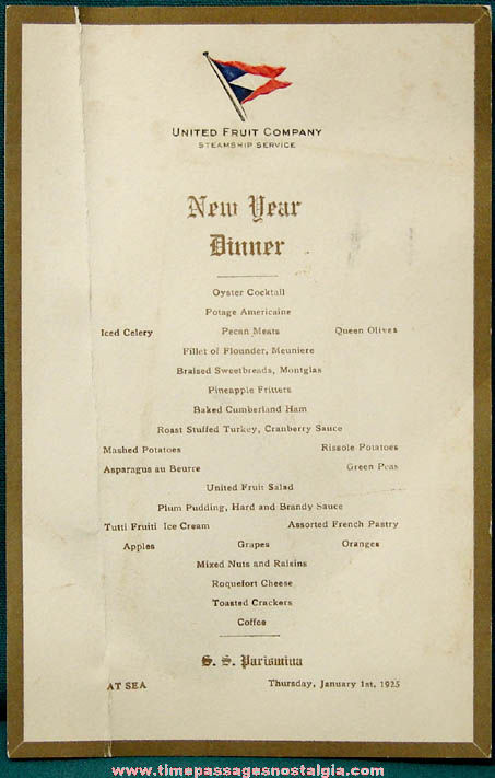 New Year Day Dinner Menu
 1925 S S Parismina New Years Day Dinner Ship Menu Card