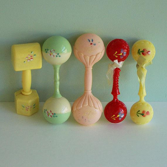 Old Fashioned Baby Toys
 Instant Collection of 5 Vintage Plastic Baby Rattles by Tparty