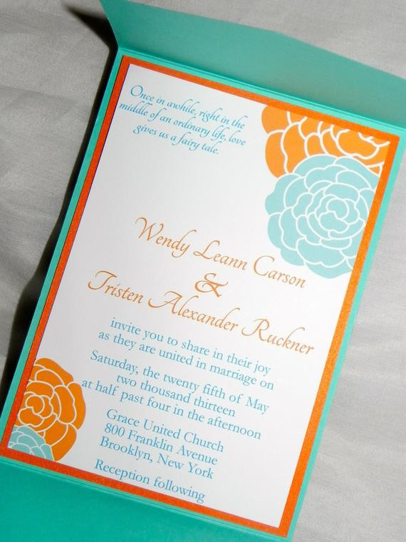 Orange Wedding Invitations
 Items similar to Pocket Fold Orange and Turquoise Wedding