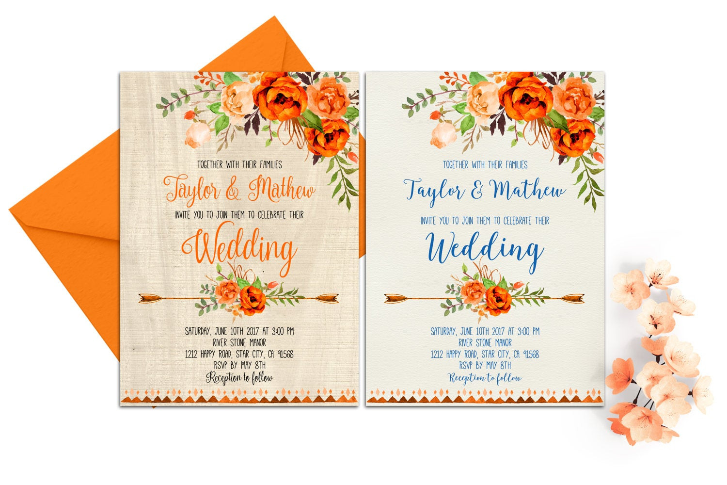 Orange Wedding Invitations
 Orange Blue Wedding Invitation Printable Floral Wedding