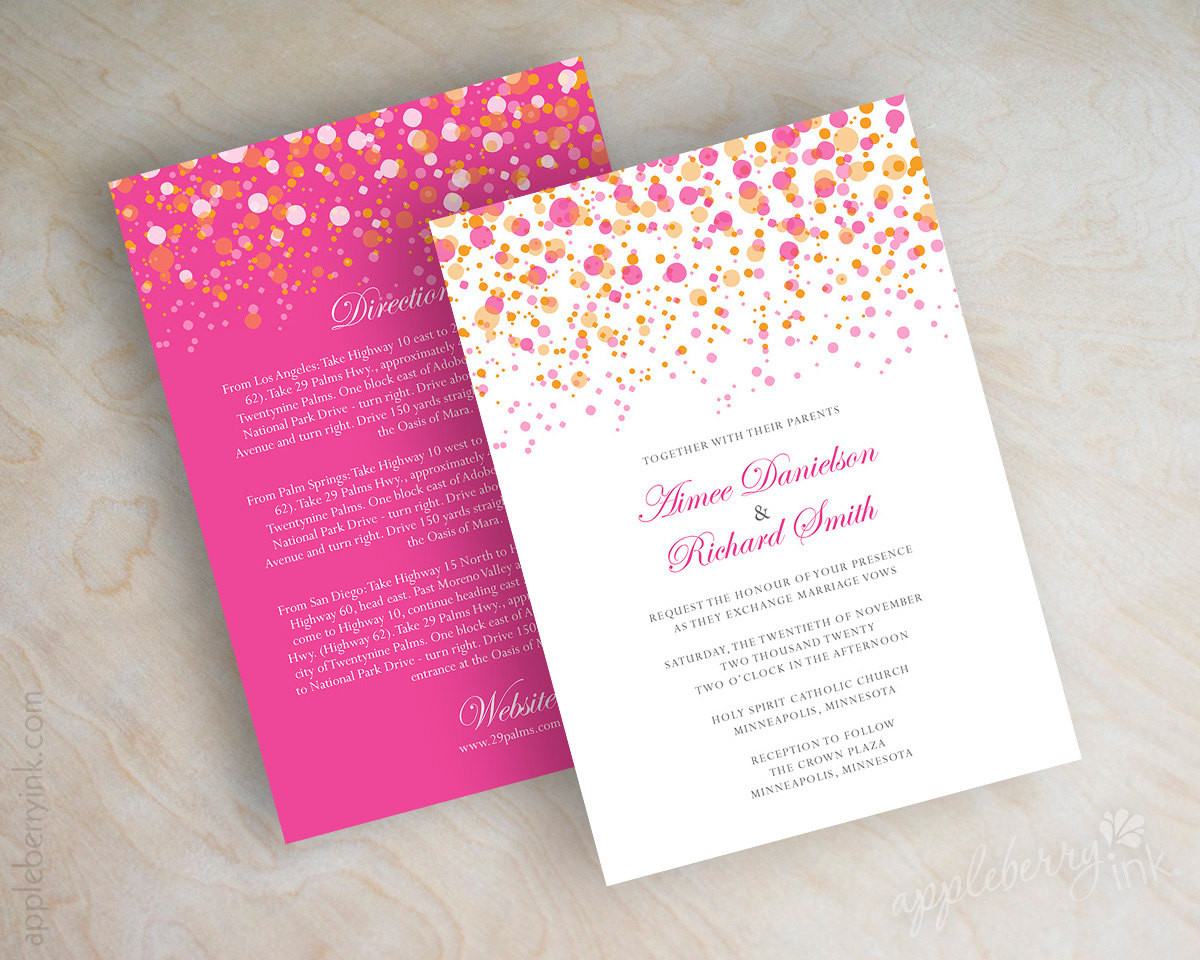 Orange Wedding Invitations
 Pink and orange polka dot wedding invitation modern fuchsia