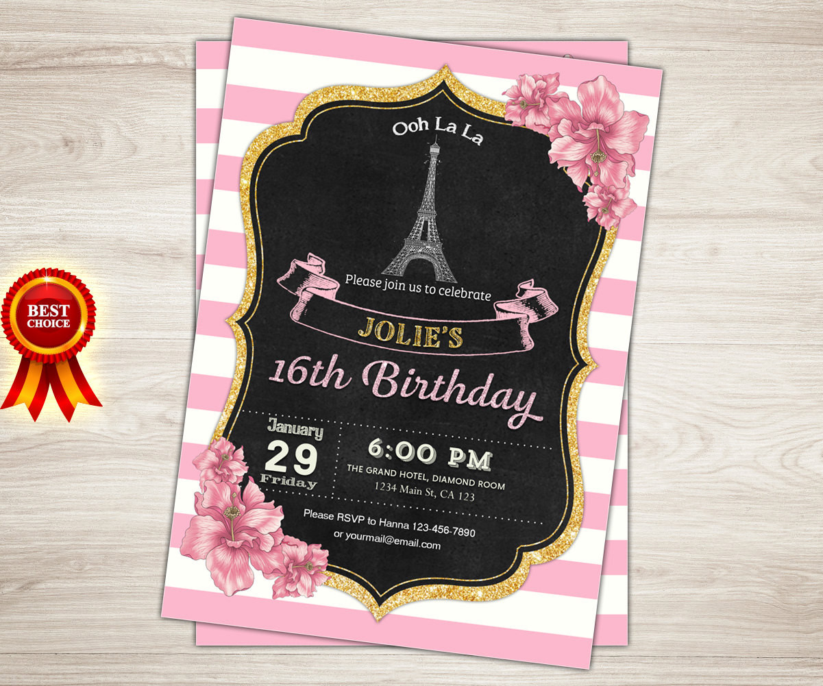 Paris Themed Birthday Invitations
 Paris Sweet 16 Birthday Invitation Printable Sweet Sixteen