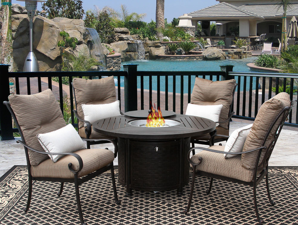 Patio Set With Fire Pit
 5PC FIRE TABLE CAST ALUMINUM TORTUGA OUTDOOR PATIO