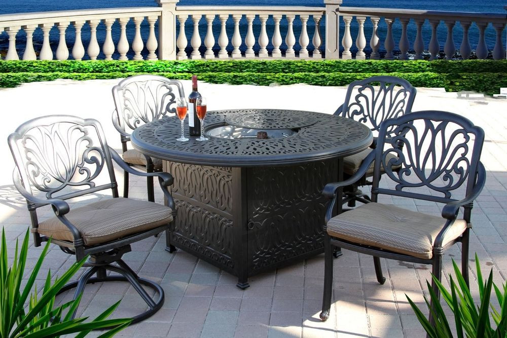 Patio Set With Fire Pit
 5PC OUTDOOR Patio DINING SET 52" ROUND FIRE PIT Table