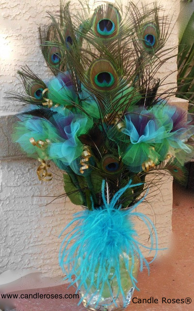 Peacock Birthday Decorations
 peacock centerpiece minus the feathers at the bottom